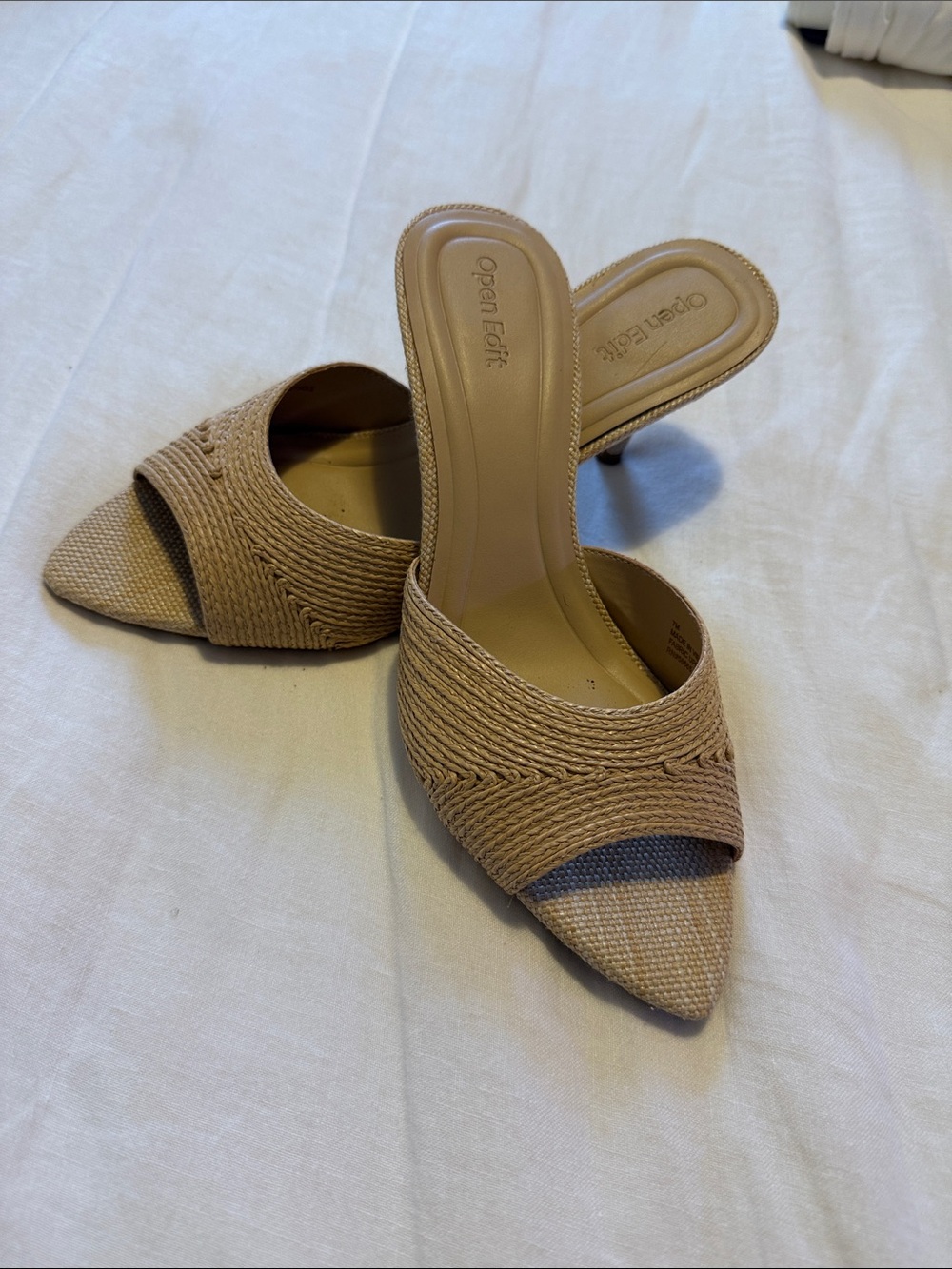 Open Edit Tan Woven Pointed-Toe Mule Heels